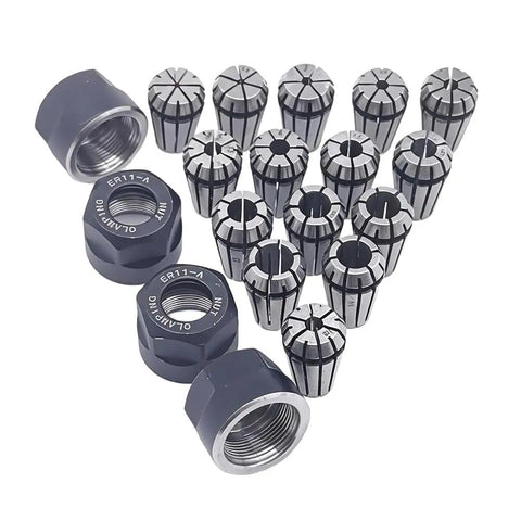 All In One 19 Piece ER11 Precision Spring Collet Set With 1mm Through 7mm And One Eighth And One Quarter Inch Sizes, ER11A Clamping Nuts