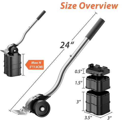 Lengthening Furniture Lifter Tool With Height Adjustable Base For Easy Moving Of Heavy Furniture Up To 660 Lbs Sliders And Wheels Lift Aid No Sweat No Back Strain shown with size dimensions and adjustable base
