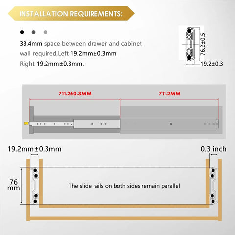 Installation requirements diagram for Heavy Duty Full Extension Drawer Slides Built Like A Tank With Secure Lock And Smooth Ball Bearings Handle 485 Pounds.