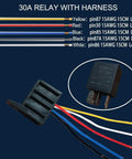 30A relay with harness showing colored wires and pin labels for 12V 30A 5 Pin SPST Automotive Relay With Harness Kit Two Pack