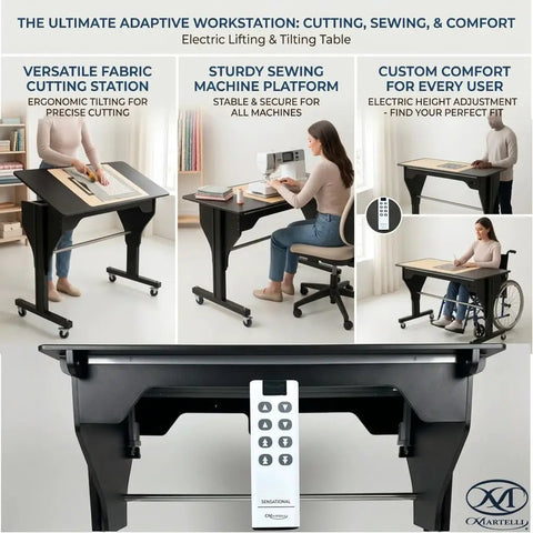 Electric Sewing Table With Rock Solid Height Adjustments And Smooth Tilt Remote Control Craft Desk For Makers Includes Heavy Duty Cutting Mat Plus Sharp Rotary Cutter Workstation Black view of features and remote control
