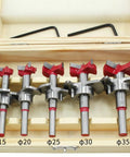 Kickin Out Flawless Holes With Zero Sweat From This Top Shelf Five Piece Forstner Drill Bit Set Featuring Adjustable Pilot Guide For Smooth Hinge Boring On Hardwood in wooden case