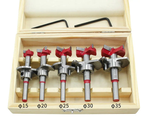 Kickin Out Flawless Holes With Zero Sweat From This Top Shelf Five Piece Forstner Drill Bit Set Featuring Adjustable Pilot Guide For Smooth Hinge Boring On Hardwood in wooden case