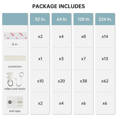 Self Adhesive Curtain Track Kit For Quick Stick On Install Ceiling Or Wall Mount 128 Inch Long No Drilling Damage Free Heavy Duty Hold For Drapes Easy Mount In Minutes package contents chart