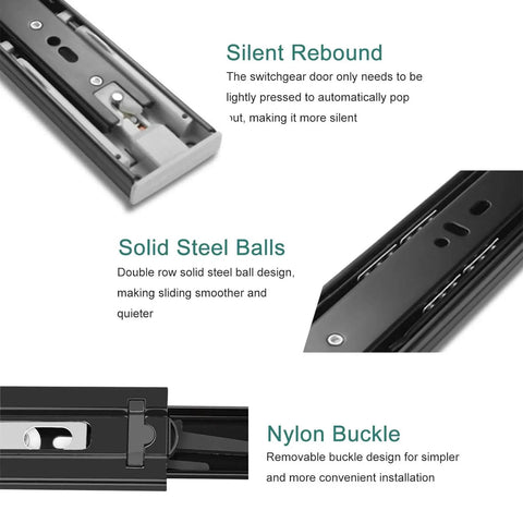 Close-up view of Soft Close Drawer Slides With Push To Open, Full Extension Ball Bearing Glides, Side Mount, showing steel balls and nylon buckle in Black, 12 Inch.
