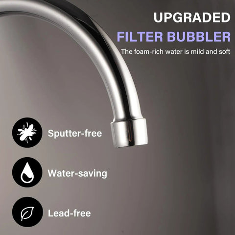 Heavy Duty Two Handle Kitchen Sink Faucet Slick Chrome Finish 360 Swivel High Arch Design, close-up of upgraded filter bubbler.
