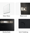Golf Ball Display Case With 16 Slots For Wall Mount Display Clear Glass Door And Lock details showing glass, lock, hook, padding