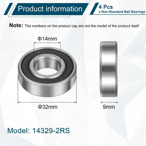 4 Pack 14329-2RS Non Standard Ball Bearings 14mm ID 32mm OD 9mm Thick Double Rubber Sealed Chrome Steel For Industrial Machinery Beefy Durable For DIY Projects, front and side view