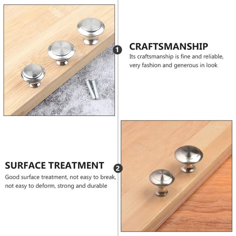 12 Pack 304 Stainless Steel Single Hole Cabinet Drawer Handles With Screws Silver Dome Shaped Door Pulls on wooden surface