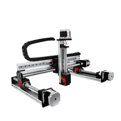 Three Axis Linear Slide Table Stage With Ball Screw And Stepper Motor For 3D Printers, Rock Solid Vertical Positioning System Featuring Smooth Quiet Operation, Low Friction Rails, Durable Bearing Steel, And Precise Sliders. three-axis aluminum slide stage with stepper motors for 3D printers