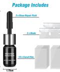 Package contents of Three Pack Windshield Crack Repair Kit For Cars, Nano Glass Repair Fluid, blades, and cured film displayed.