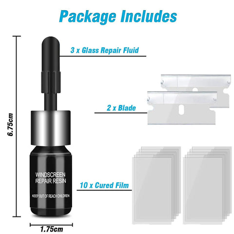 Package contents of Three Pack Windshield Crack Repair Kit For Cars, Nano Glass Repair Fluid, blades, and cured film displayed.