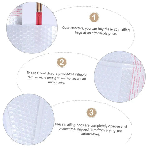 Image of 25 Pack White Bubble Mailers Self Seal Padded Envelopes 24x35+5cm highlighting cost-effectiveness, secure sealing, and opacity.