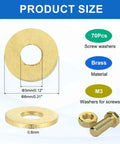 70 Pack Brass Flat Washers Set, 3mm ID, 8mm OD, 0.8mm Thick, shown with dimensions and brass material details.