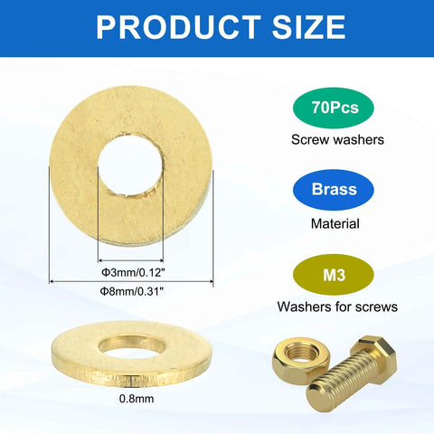 70 Pack Brass Flat Washers Set, 3mm ID, 8mm OD, 0.8mm Thick, shown with dimensions and brass material details.