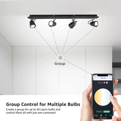 Illustration showing GU10 Smart RGB LED Bulbs Pack of 4 No Hub Required Dimmable Via App Works with Alexa and Google Assistant 2.4G WiFi Only 50W Equivalent Track Lighting Color Changing LED Bulbs for Home being grouped and controlled via smartphone app.