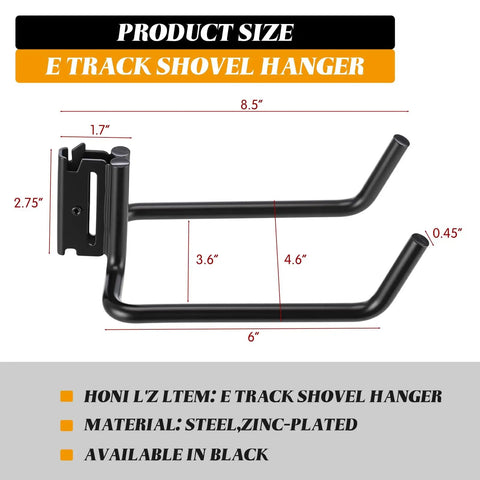 4 Pack E Track Double J Hooks Heavy Duty Steel Tool Hangers For Trailers Trucks And Garages Keep Shovels Cables Bags And Gear Off The Floor Easy Access Storage And Organization, 8.5 in steel, zinc-plated shovel hanger