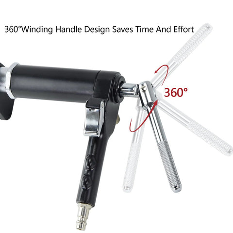 Pneumatic brake caliper tool with 360° rotating handle; black body with chrome fittings.