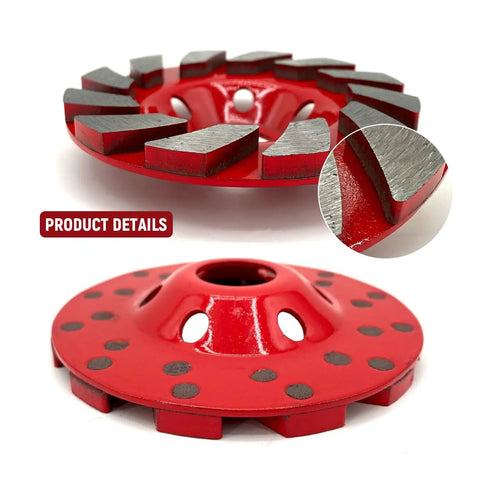 Close-up view of an 8 Piece Straight Up Heavy Duty 4 Inch Turbo Diamond Cup Grinding Wheel For Angle Grinders showing heat treated segments.