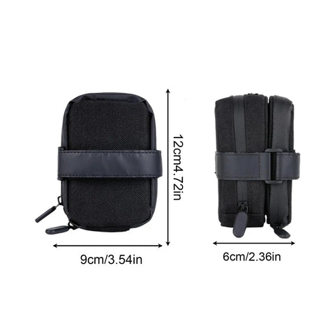 Under Seat Bike Bag Waterproof Ride Ready Saddle Pouch With Secure Straps And Multiple Storage Compartments For Travel, Commuting, And Touring A Durable Nylon Pannier For Rear Rack Accessory, front and side view with dimensions