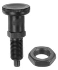 M10x1 Push Fit Ball Nose Spring Index Plunger With Retractable Location Pin And Return Knob Creates A Hassle Free Hold While Riding On Heavy Duty Carbon Steel With A Slick Rust Resistant Finish - Close-up of plunger and nut.