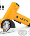Heavy Duty Cordless Electric Scissors With 3 High Carbon Steel Blades For Cutting Cardboard Boxes Up To Quarter Inch Thick Leather And Carpet Four Speed Settings LED light safety lock powerful 2000 mAh battery rechargeable tool for home business with USB charging cable.