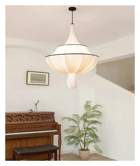Nordic Retro Cloth E27 Pendant Lights for Living Dining Room Chandeliers Home Lighting Bedroom Hanging Light Fixtures,Art hanging over a piano.