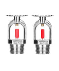 Two chrome Six Pack Heavy Duty Fire Sprinkler Heads Half Inch Thread Quick Response Pendent Style with red indicator.