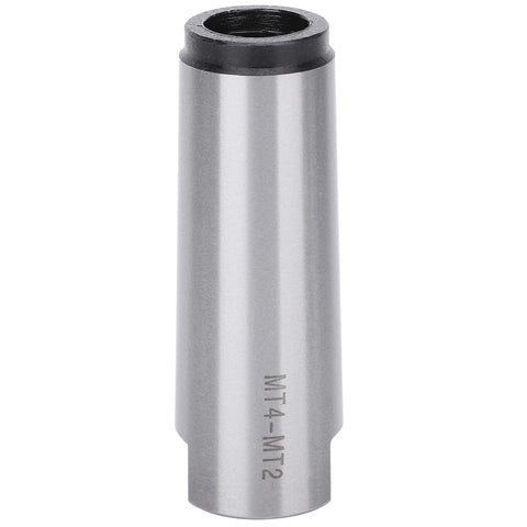 Front view MT4-MT2 Morse taper drill sleeve adapter, silver steel with top bore visible