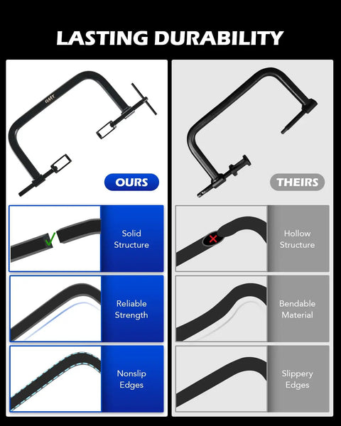 Comparison of valve spring compressor kit C clamps showing solid structure vs hollow structure with durable and nonslip design.