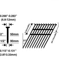 Diagram of nail sizes for Pneumatic Framing Nailer Workhorse for 21 Degree Nails 2 to 3 and a Half Inch Full Round Head.