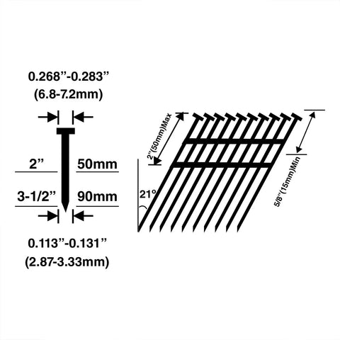 Diagram of nail sizes for Pneumatic Framing Nailer Workhorse for 21 Degree Nails 2 to 3 and a Half Inch Full Round Head.