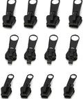 Set of 12 black zipper sliders from 12 Piece Black Zipper Repair Kit With Removable Sliders For Quick Fix On Clothes, Backpacks And Jackets.