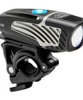 Lumina Micro 850 Front Bike Light USB Rechargeable LED Water Resistant Flashlight, black, side view with mount