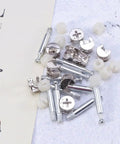24 Piece Cam Lock Fittings Set For Furniture Connectors With Heavy Duty Bolts And Dowels, Rust Resistant Iron And Nylon Build, scattered on table