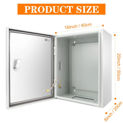 Open Outdoor Electrical Box 20x16x8 In NEMA 4X Weatherproof Enclosure IP66 Waterproof Lockable Junction Box showcasing interior dimensions.