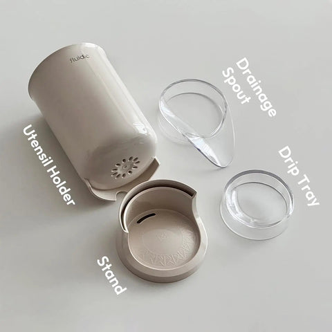 Self Draining Kitchen Utensil Holder For Countertop Featuring Dual Drain Spout And Circular Drip Tray Beige Small Silverware Drying Rack Cup Holder parts