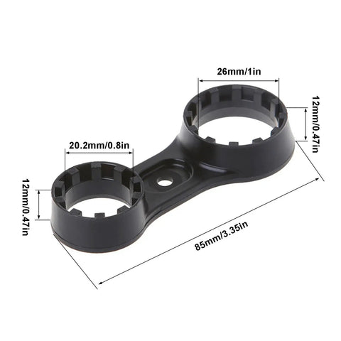 Dual Head Bicycle Fork Wrench For Suntour XCM XCR XCT Front Fork Repair Spanner Tool with Cap Removal, black plastic, dimensions shown