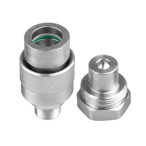 Front view of a 3/8 inch hydraulic quick coupler set; two silver knurled connectors with green seal