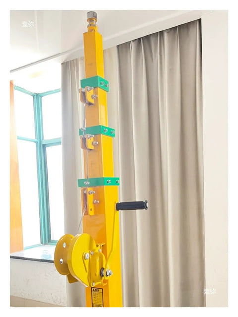 Manual Crank Telescopic Light Pole with handle, yellow color, showcasing 3m height and winch mechanism for lifting gear up to 50 pounds.