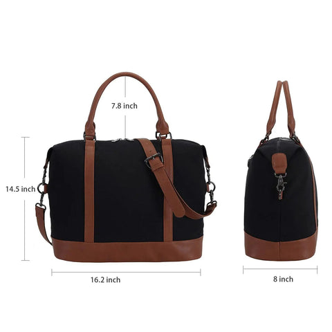 Canvas Travel Tote Bag For Women With Zipper, Weekender Duffel And Carry On Tote shown with dimensions