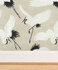 Premium Bird Pattern Large Scale Pvc Free Wallpaper featuring black and white birds on a matte beige background.