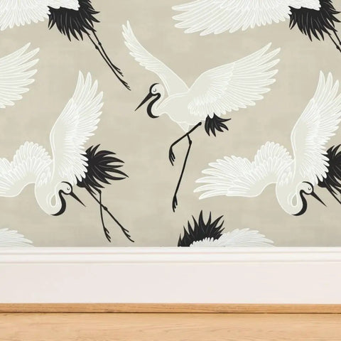 Premium Bird Pattern Large Scale Pvc Free Wallpaper featuring black and white birds on a matte beige background.