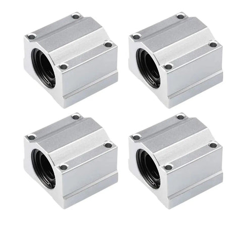 4 Pack SC6UU Linear Motion Ball Bearing Slide Block Bushings For CNC Router Builds displayed from multiple angles, showcasing aluminum design and heavy-duty seals.