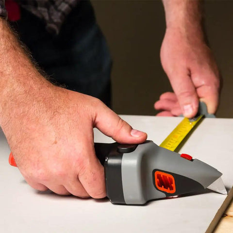 Using All in One Drywall Tool With Built In Tape Measure And Utility Knife Measure Mark And Cut Drywall Shingles Tile Carpet Foam Insulation And Wood For Rip Cuts Like A Pro DIY Handy Home Improvement Favorite on white surface.