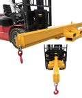 Top Tier Badass 5 Ton 11000 Lb Bidirectional Adjustable Crane Boom Forklift Attachment positioned on forklift for heavy lifting.