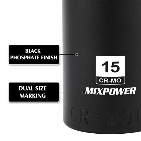 Detail of Deep Magnetic One Quarter Inch Drive Socket Set Fourteen Piece Six Point Metric with black phosphate finish and size marking.