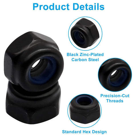 Hella Solid M4 x 0.7mm Nylon Insert Hex Lock Nuts 100 Pc Pack Metric Threaded Hardware, black zinc-plated carbon steel with nylon insert.