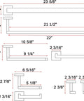 Diagram of 24 Inch Brushed Gold Square Bathroom Hardware Set with measurements including towel bars, toilet paper holder, and robe hooks.