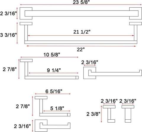 Technical drawings of Brushed Nickel Square Bathroom Accessories Set With 24 Inch Towel Bar Wall Mounted Tough Stainless Steel Hardware